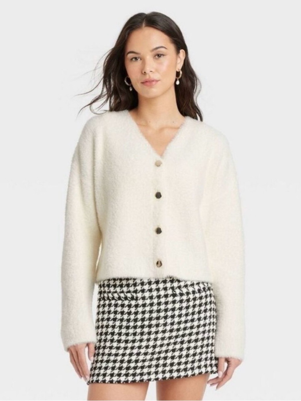 A New Day Cozy V-Neck Button Front Sweater Cardigan - Cream/Gold Buttons